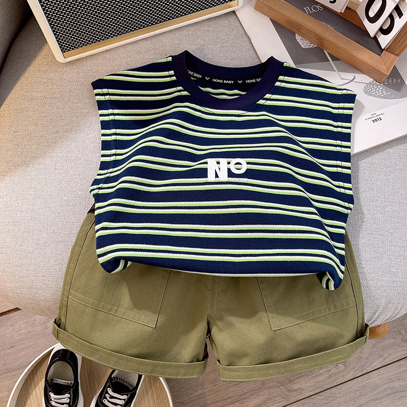 Traje de verano para niños 2025 nueva ropa infantil bebé ropa a rayas chaleco dos piezas pantalones cortos ropa infantil