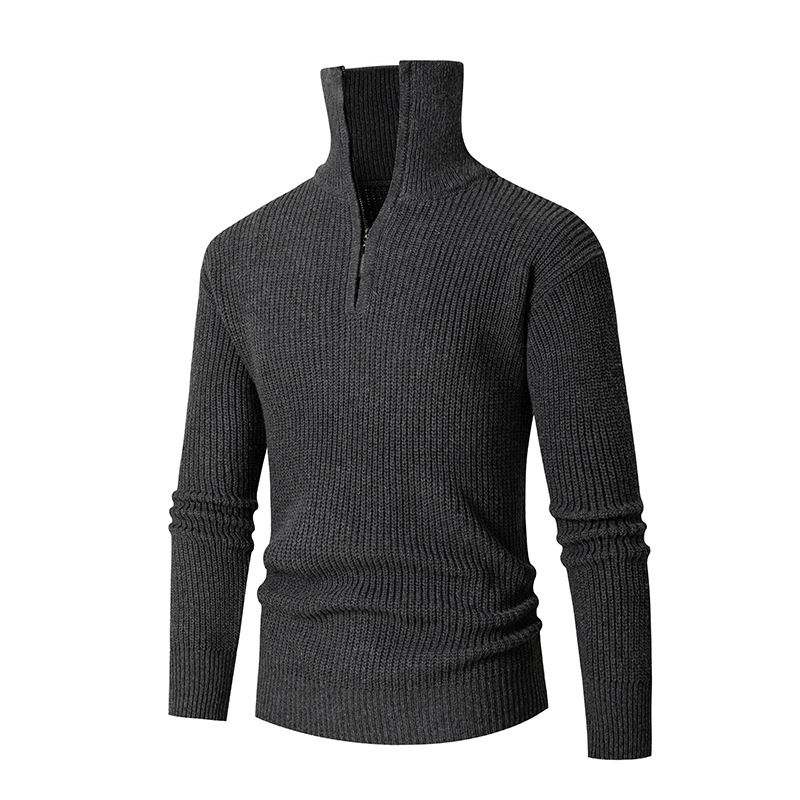Autumn winter knitted with a flip collar and half zipper knit base, solid color slim fit men's sweater_voghion.com