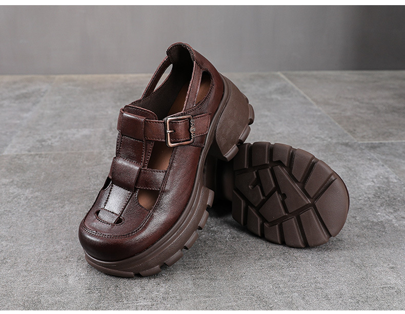 Sandal La Mã nữ da bò đế dày thoáng khí — màu nâu chi tiết 11