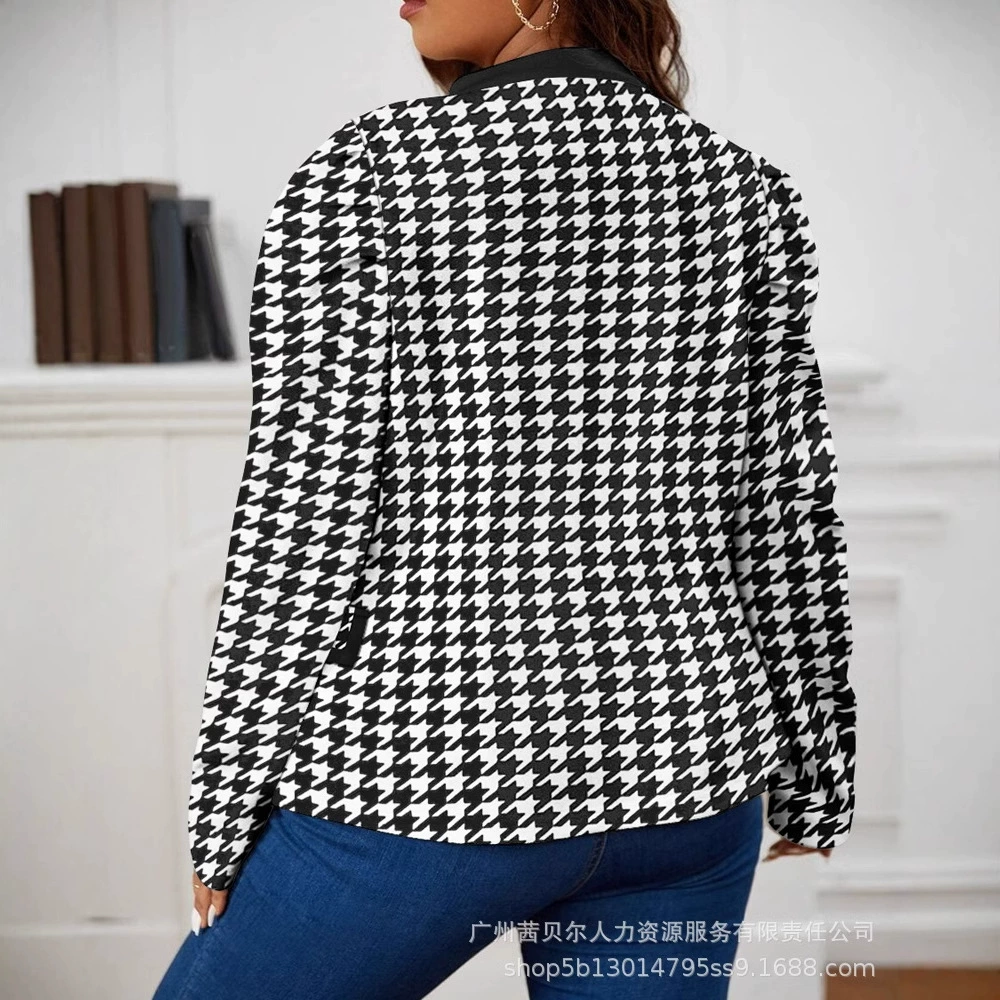 Short jacket, houndstooth pattern, plus size puff sleeves, European style, black