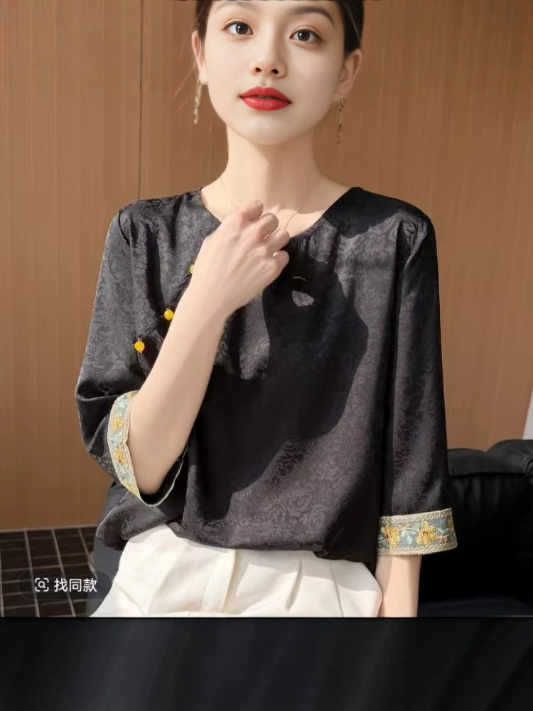 2026 bahor yaz yangi model qizlar ko'ylagi ipak doira bo'yin yuqori milliy uslub retro yangi model buyin qisqa tola ko'rasan oson vaqti T-shirt