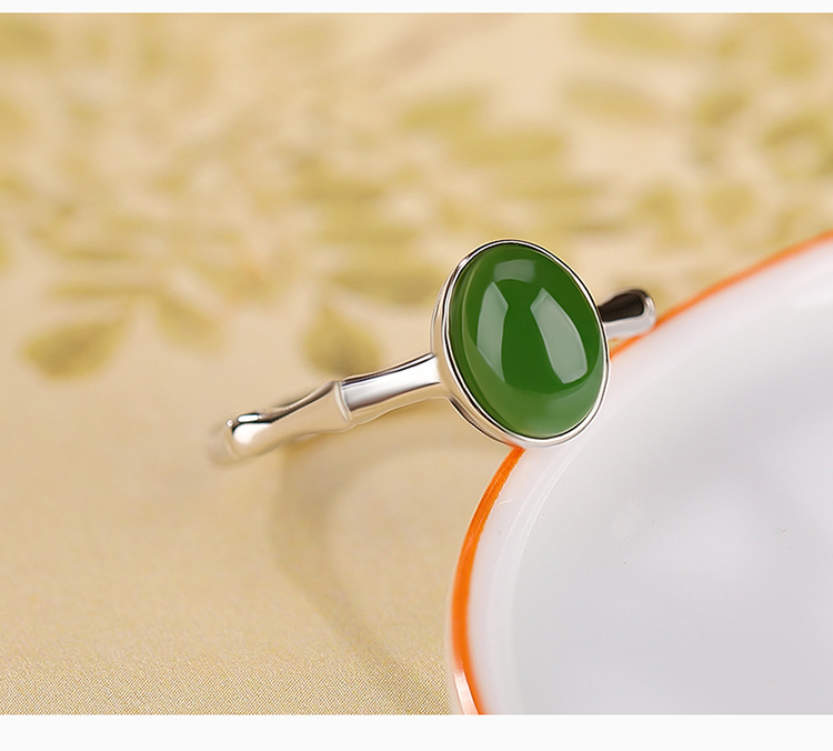 Nhẫn bạc S925 mạ vàng phong cách cổ điển hình trứng khắc họa tiết tre — Kiểu mạ bạch kim chi tiết 4