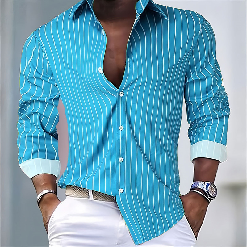 Men's Fashion Loose Stripesd Shirt 16 Colors Casual Breathable Lapel Button Long-Sleeved Top Comfortable Simple Casual