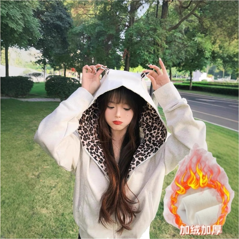 美式复古连帽卫衣外套女2025秋季豹纹拼接开衫宽松情侣拉链上衣潮|undefined