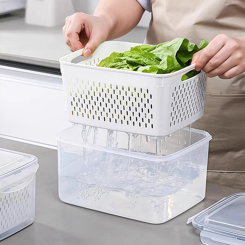二層排水3点セット 鮮度保持ボックス 冷蔵庫 密閉保存箱 フルーツプラスチックボックス 冷蔵庫 蓋付き保存箱|undefined