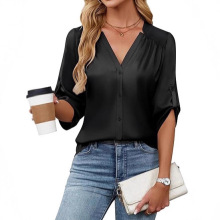 2025新款欧美风女式系扣衬衫纯色正装上衣褶皱缎面丝绸商务衬衫