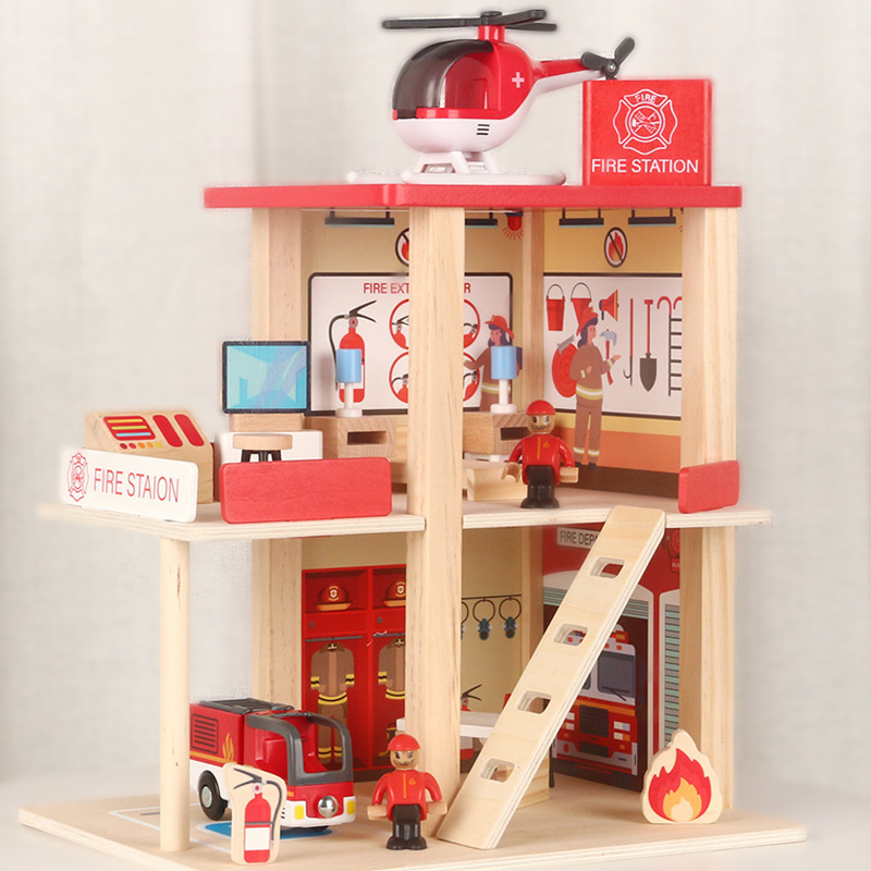 Casa de juego de simulación de madera para niños Villa sala de juguete casa de muñecas estación de bomberos estación de policía estacionamiento regalo de cumpleaños