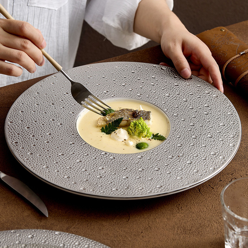Factory high-end Western plate light luxury silver-plated ceramic plate high-end restaurant special plate restaurant large flat plate