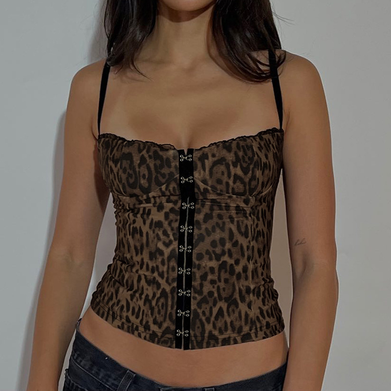 American Retro Front Button Mesh Lace Personalized Leopard Print Camisole Sexy Bust Waist Slimming Top Trendy