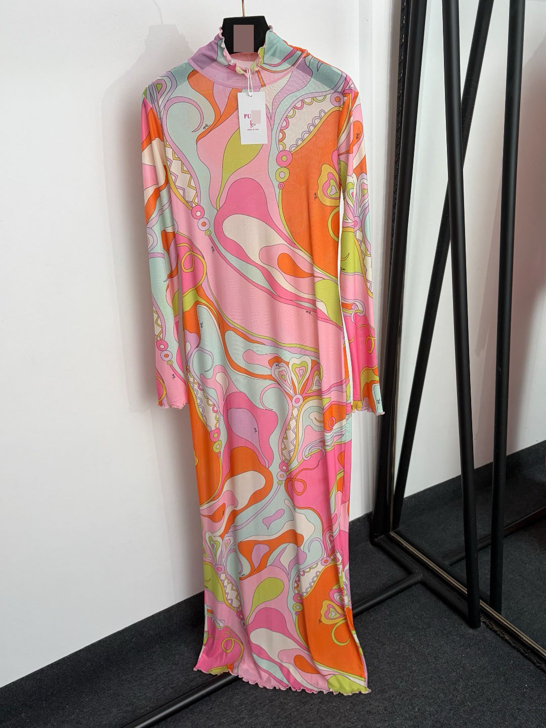 Irregular Color Block Print, Half-High Collar, Slim-Fit Brand Logo Long-Sleeve Dress_ecoleips.com