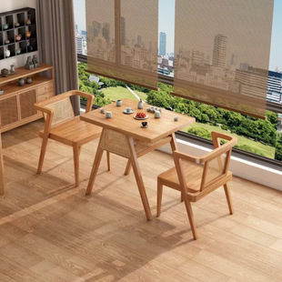 Creative Solid Wood Balcony Rattan Small Table and Chair Combination Small Apartment Casual One Table and Two Chairs Reading Tea Table and Chair Set Table