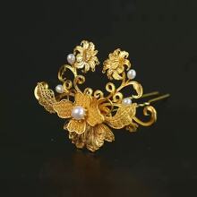 黄铜镀金唐风金色卷草发簪仿花丝发冠花钗古风头饰汉服配饰