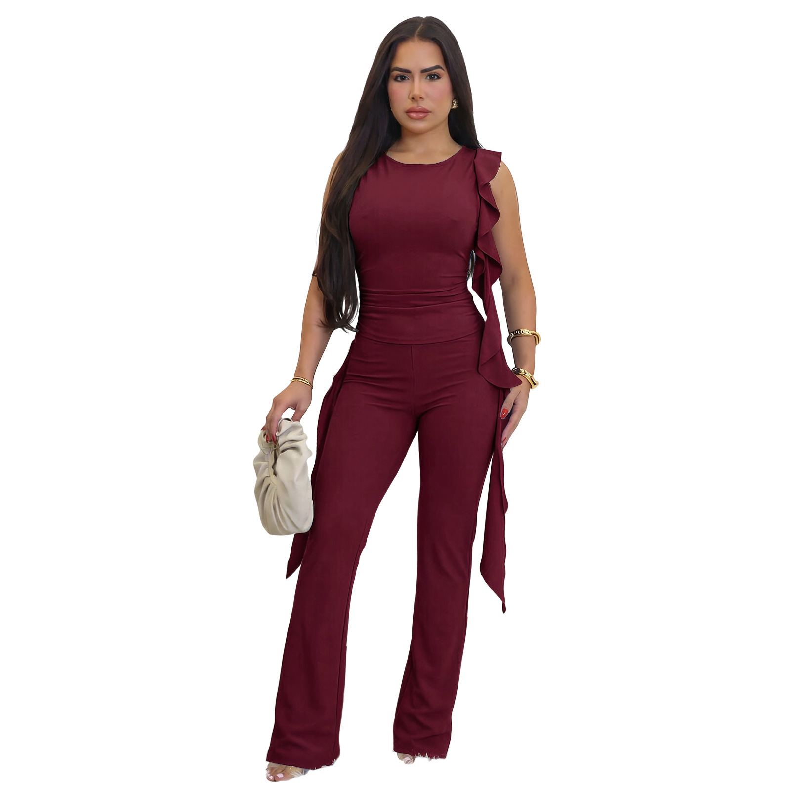 Women's Solid Colour Ruffled Slim Fit Flared Trouser Set Casual_voghion.com