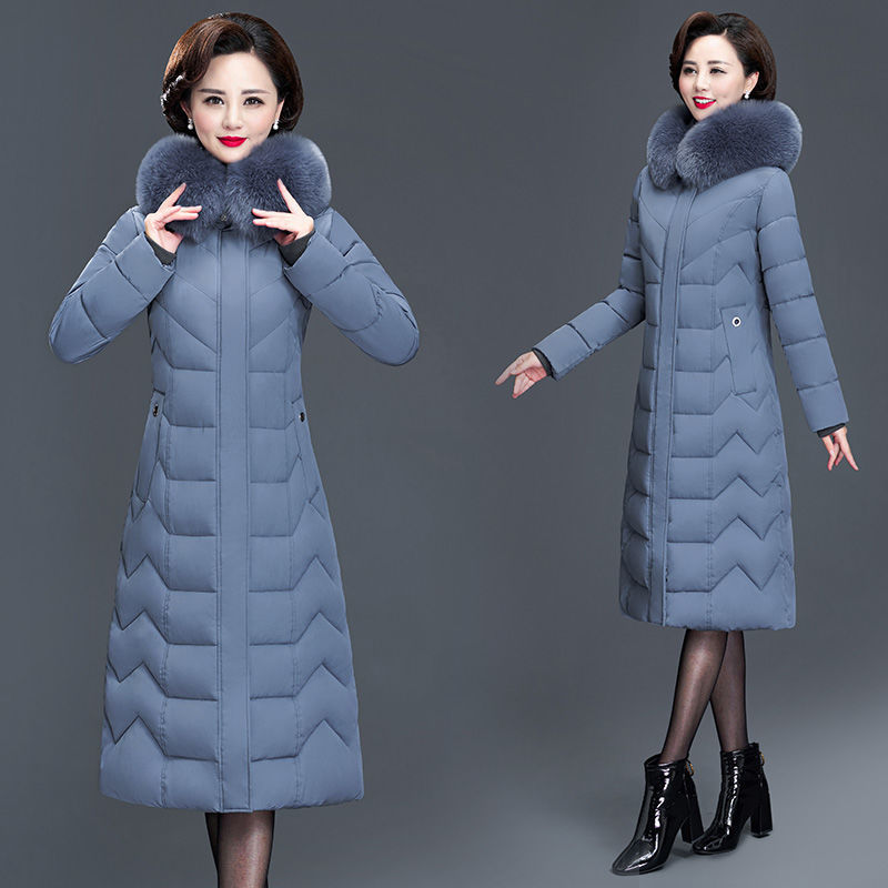 Plus-Size Thickened down Cotton Coat for Middle-Aged and Elderly Women, Long Over-The-Knee Style for Chubby Moms, with a Detachable Collar and Hood