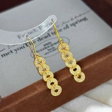 沙金饰品时尚潮流五帝钱镶钻耳线女小众设计感铜钱耳钉耳饰批发