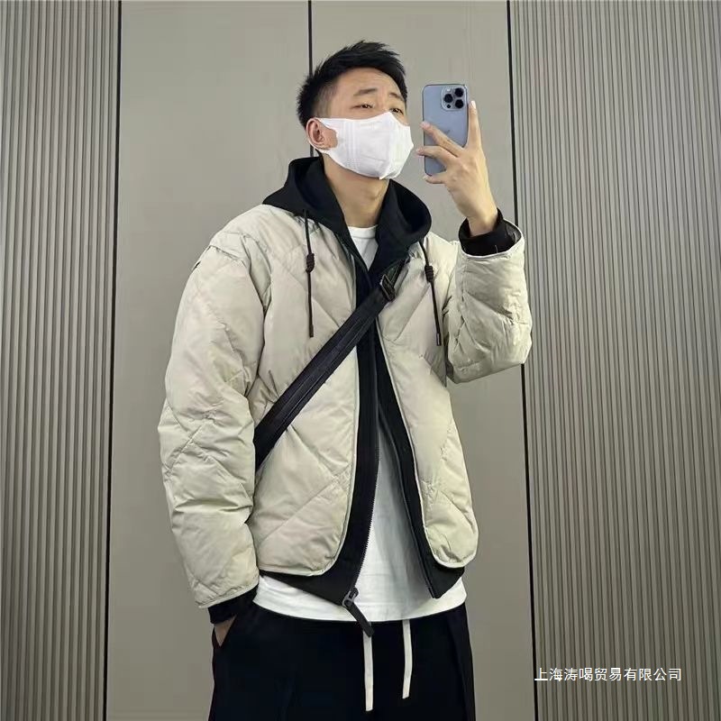 Men's Autumn and Winter 2024 New Thickened Hooded Fake Two-Piece Fashion Splicing Jacket Short down Cotton Jacket