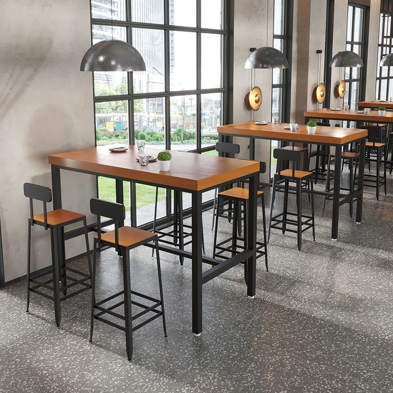 Solid Wood Bar Table Milk Tea Shop Home Balcony Long Table with Backrest Wrought Iron High Stool Commercial Integrated Wall Table