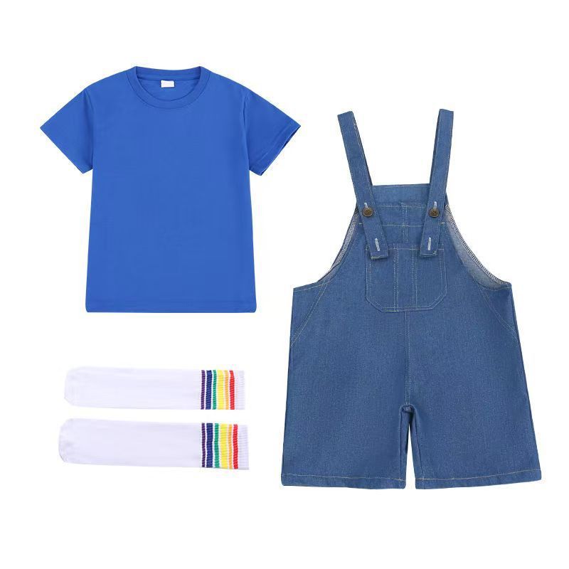 跨境现货儿童演出服合唱啦啦队牛仔背带裤批发幼儿园毕业照彩彩色|undefined