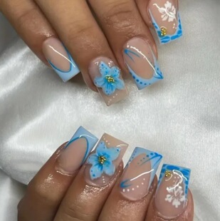 Cross-border nail cold color small fresh blue flower steel ball wear nail nail piece square fake nail piece wholesale