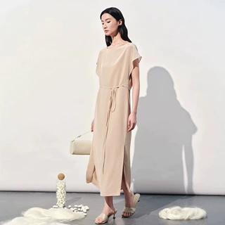 定制夏季真丝桑蚕丝长裙女宽松直筒系带温柔风气质开叉显瘦连衣裙