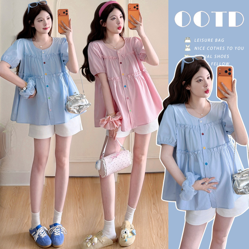 Maternity Wear 2026 Summer New Style Petite Sweet Doll Shirt with Ruffle Trim and Button-Up Nursing Top Set
