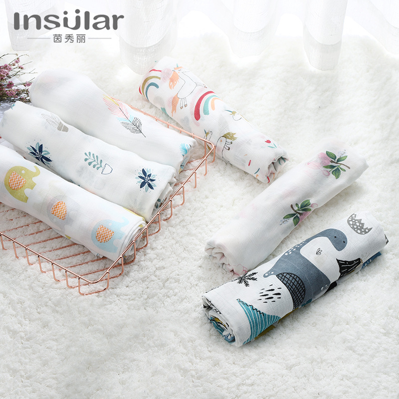 Bamboo Fiber Baby Gauze Wrapping Towel Printed Children's Bath Towel Covering Blanket Double Layer Newborn Swaddling Towel Air Conditioning Single