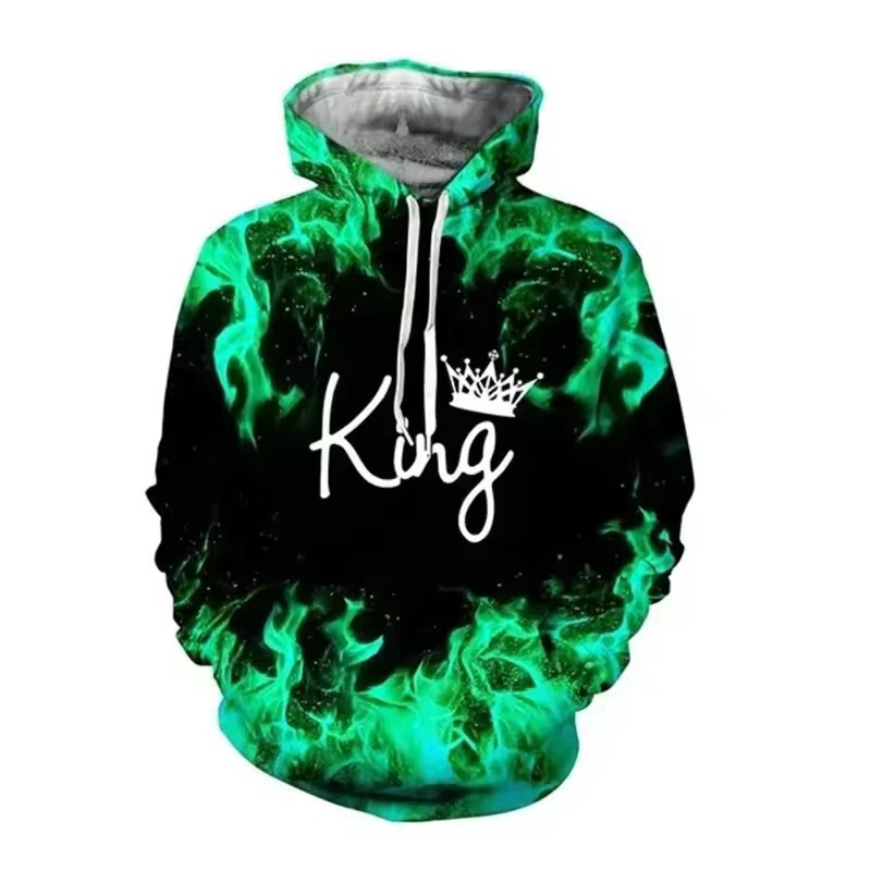 Cross-Border Foreign Trade 3D Printed Fashion King and Queen Hooded Sweatshirt Loose Fit Factory Direct Sales Source