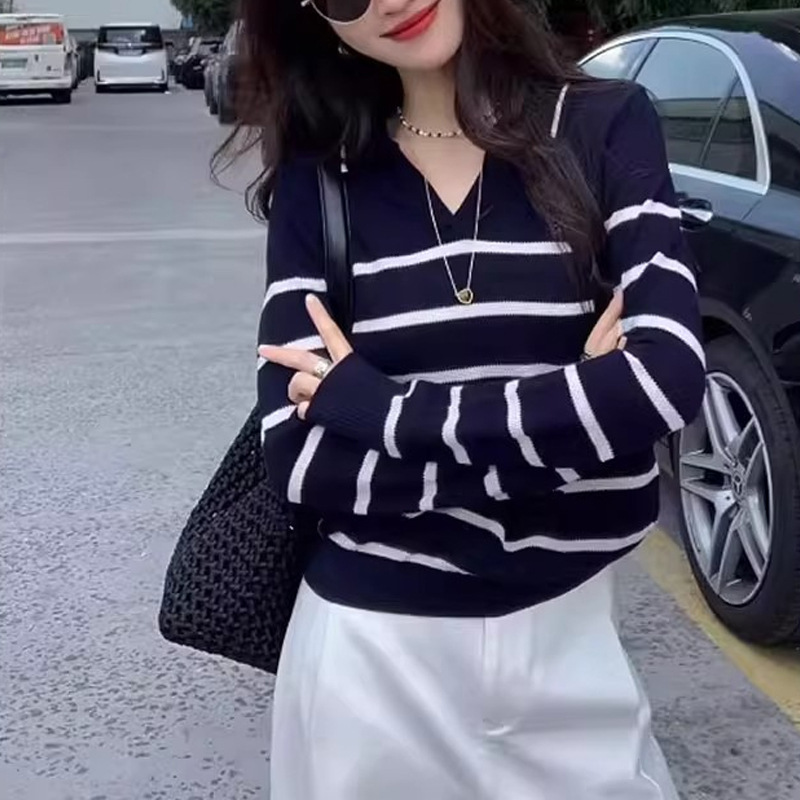 藏青色条纹polo领长袖针织衫女早秋季设计感小众翻领宽松显瘦上衣|undefined