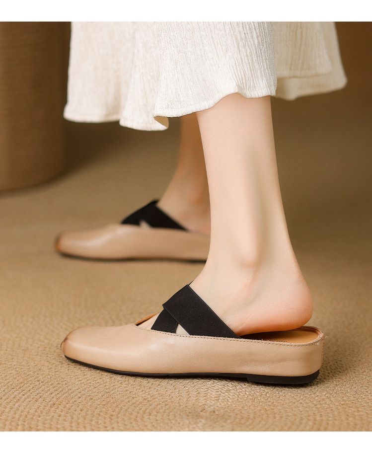 Giày búp bê mũi vuông retro da ngựa, quai sau hở, dép sandal mới hè — đen chi tiết 7