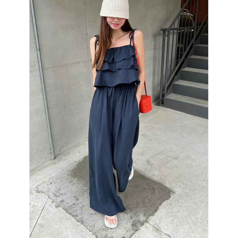 Размер обновлен. Корейская шикарная многослойная рубашка с рюшами на подтяжках + широкие брюки с высокой талией.