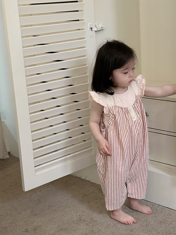 赤ちゃん服外出夏服女の子韓国版子供服子供夏モデル赤ちゃんtシャツストライプサスペンダーロンパース