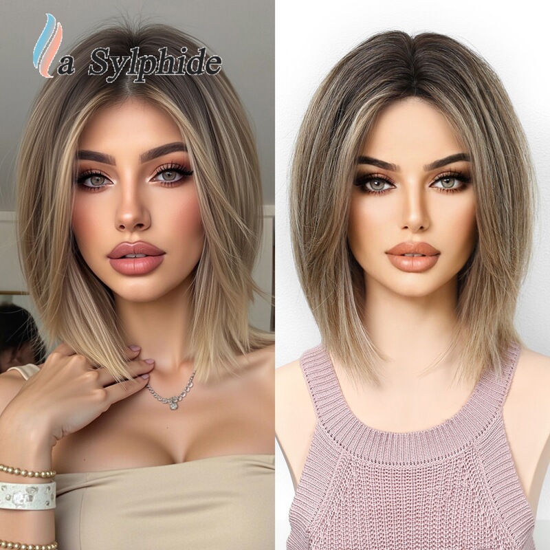 Wig for Women Full Headgear Cross-Border Brown Gradient Middle Part European and American Fashion Shoulder-Length Short Wig Overseas Warehouse Duoduo Dropshipping