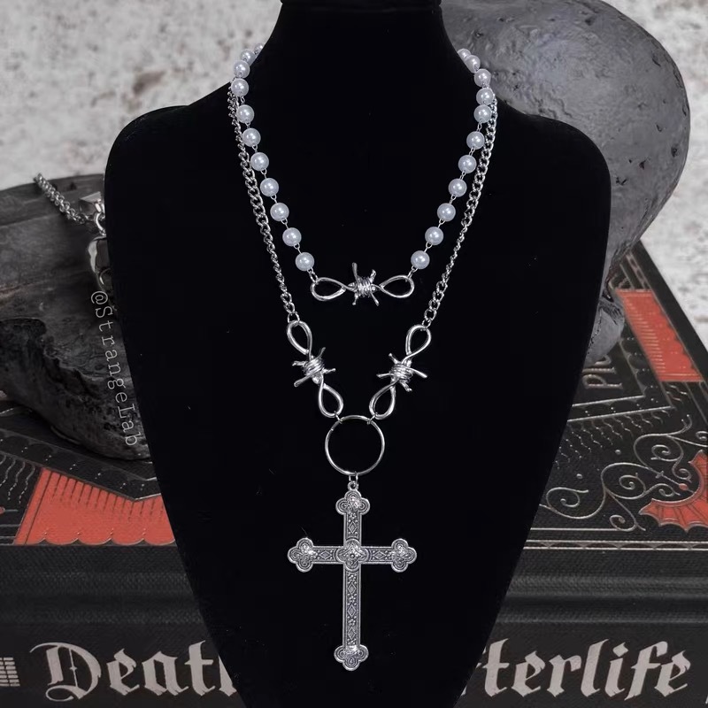 跨境 哥特式复古朋克十字架珍珠项链领链套装项链嘻哈火焰链项链