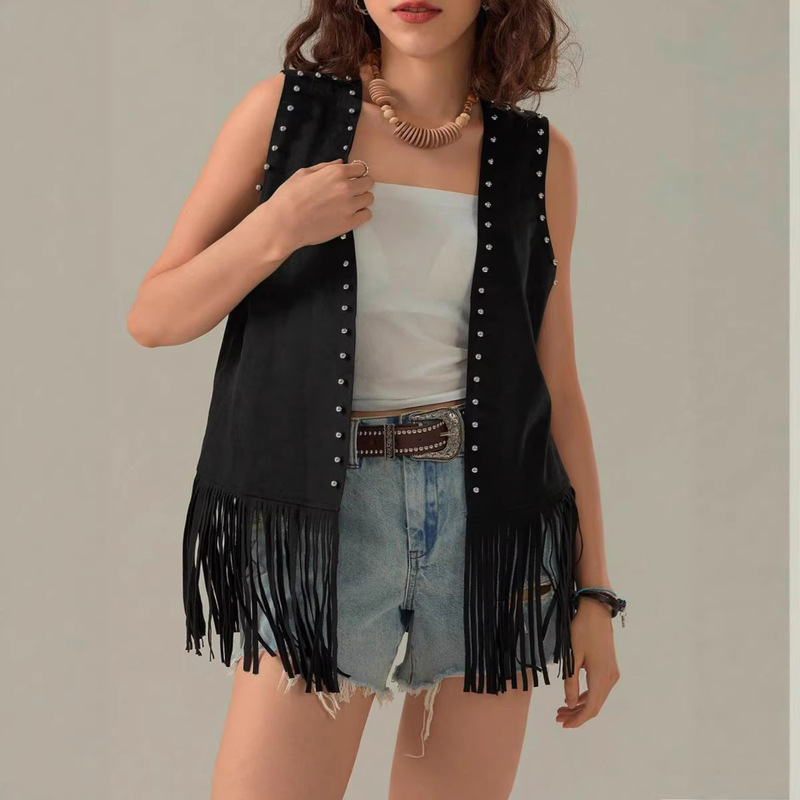 European and American Cross-Border Tassel Vest for Women, Faux Suede Front-Open Retro Vest, Sleeveless Western Jacket