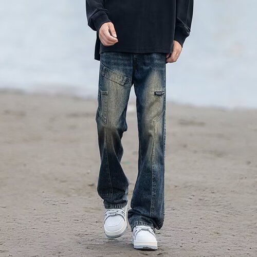 2024 Summer American Retro Blue Straight Leg Jeans for Trendy Men Streetwear Distressed Loose Splicing Fashion Pants