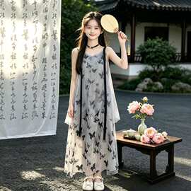 女童连衣裙夏款2025复古水墨画公主裙长裙女孩子好的吊带裙公主裙
