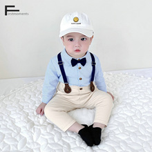 外贸男童装背带裤套装春秋新款英伦宝宝长袖条纹衬衫儿童礼服代发