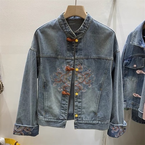 New Chinese style disc button denim jacket women's embroidered top 2024 spring new style national style stand collar retro high-end jacket