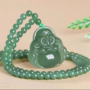 Large Maitreya Buddha Necklace with Turquoise Ice Transparent Water Green Double-Sided Laughing Buddha Pendant Jade Pendant for Men and Women