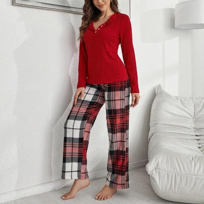 Cross-Border Vintage Christmas-Style Home Set with a Classic Henley Collar Long-Sleeve Top Paired with Classic Red Plaid Wide-Leg Pajama Pants Cross-Border Vintage Christmas-Style Home Set with a Classic Henley Collar Long-Sleeve Top Paired with Classic Red Plaid Wide-Leg Pajama Pants