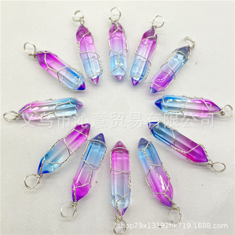 Comercio exterior caliente bobina hexagonal columna colgante collar de cristal natural hecho a mano de plata hilo bala joyería al por mayor