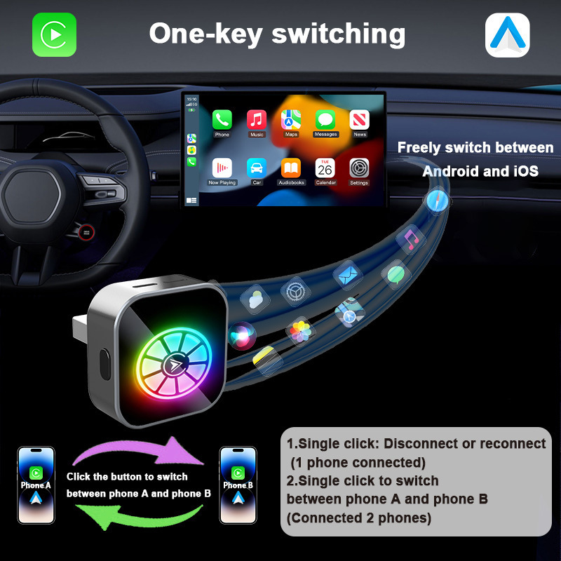 Rgb Colorful Lights Smart Button Wireless Carplay Adapter Android Auto Two-In-One Box Upgraded Version