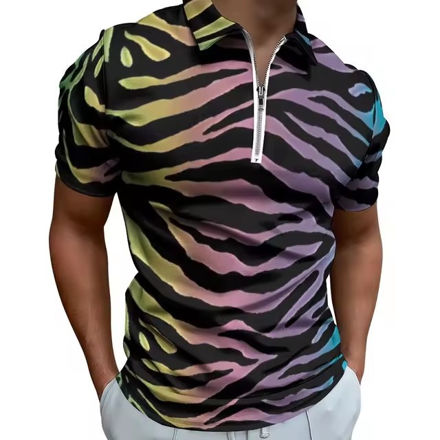 Camisa POLO con cremallera de manga corta suelta y transpirable con estampado 3D de graffiti a rayas irregulares de colores personalizados para hombres
