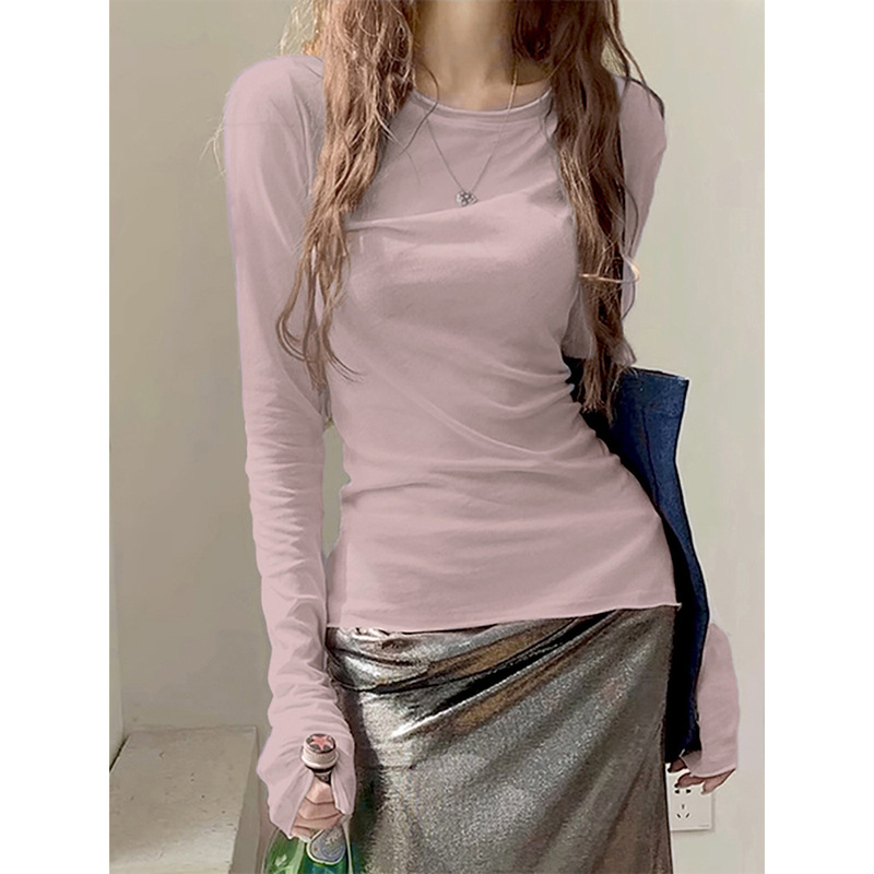 Rolled Edge Lavender Bottoming Shirt Spring and Autum Slim Sweet Ins Long-Sleeved Top Thin Sun Protection Blouse Versatile T-Shirt