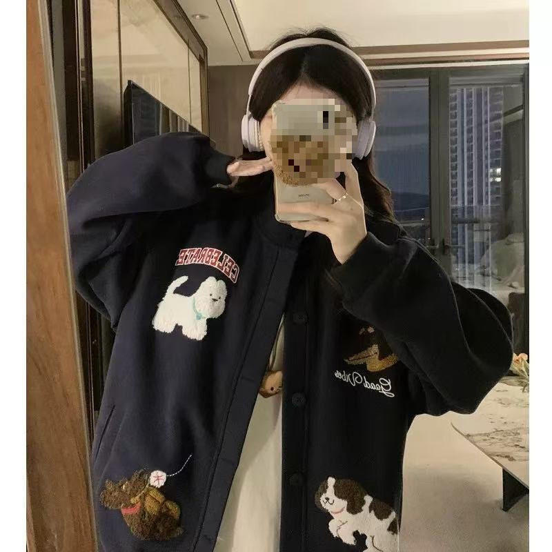 美式复古绣花棒球服开衫卫衣外套女春秋2025新款学生宽松慵懒上衣|undefined