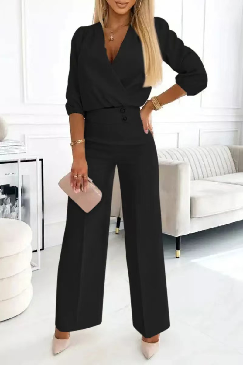 Women's Solid Color V-Neck Two-Button Casual 2-Piece Pant Set Regular Thickness For Spring/Autumn And Summer_ecoleips.com