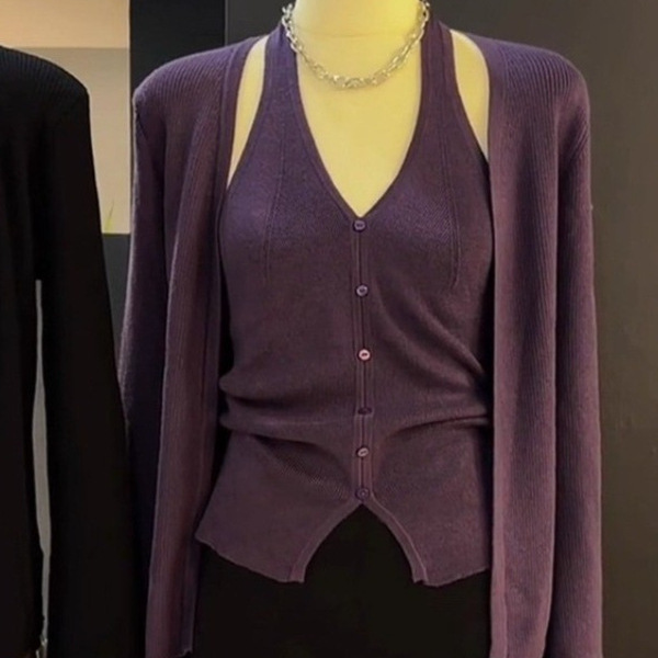 Purple Cashmere V-Neck Camisole Knit Cardigan Chanel-Style Layered Two-Piece Set for Petite Women Early Autumn