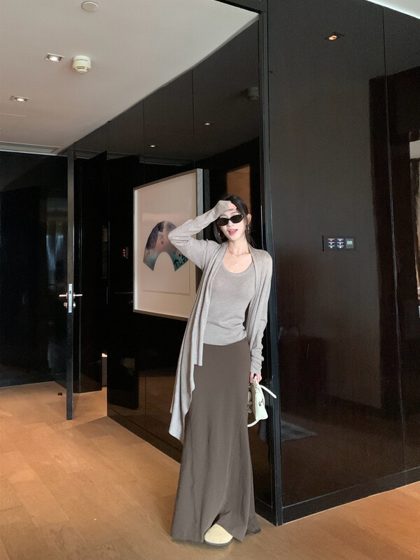 温柔风套装薄款开衫外套内搭背心女装秋季鱼尾裙半身裙长裙三件套|undefined