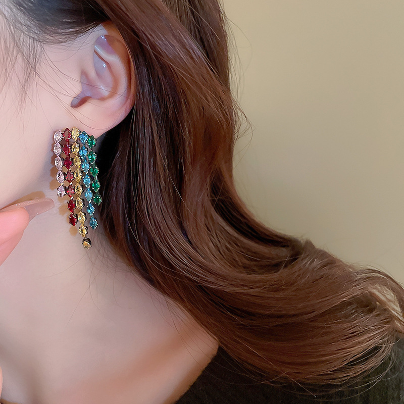 Fashion Tassel Copper Inlaid Zircon Drop Earrings 1 Pair