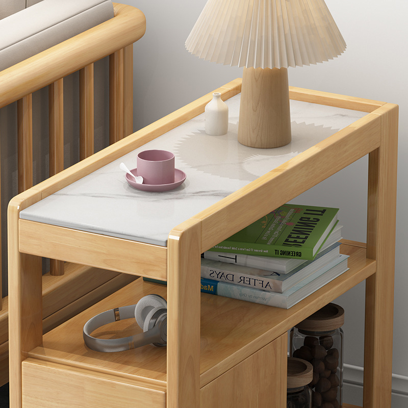 Mesa auxiliar de sofá móvil de madera maciza mesa de café pequeña sala de estar balcón sofá placa lateral gabinete con polea mini Placa de roca mesa de esquina